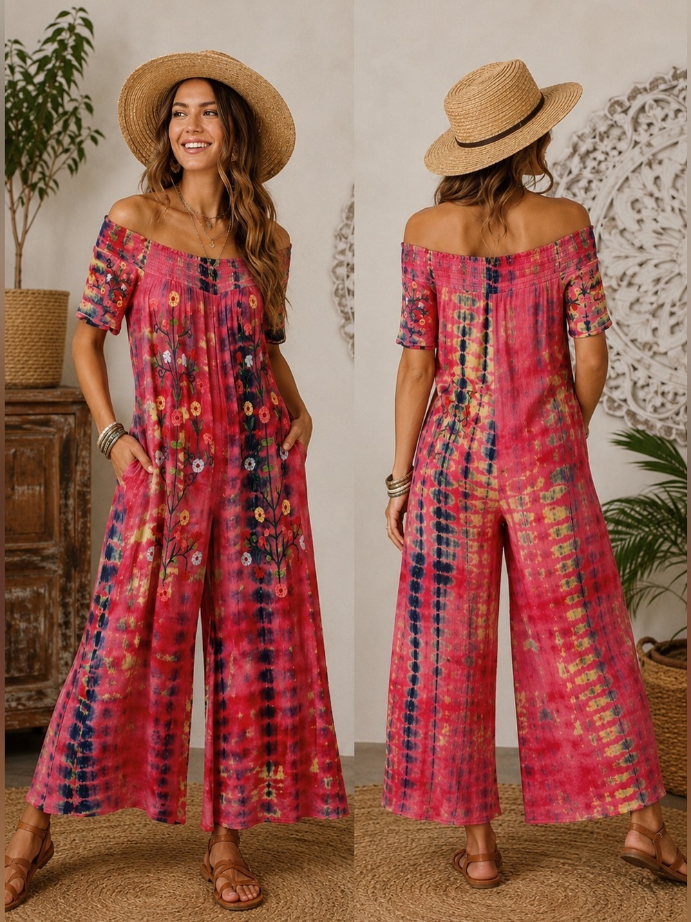 Wonderly by Orange Cotton Gauze Embroidered Tie Dye Jumpsuit Boho Small